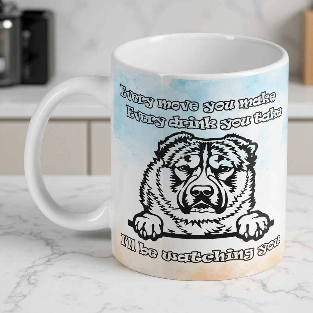 I'll Be Watching You Peeking Alabai Dog ceramic mug by Laser Design Creations, featuring a curious Alabai dog peeking over with I'll Be Watching You text on a neutral background.