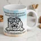 Reverse side of I'll Be Watching You Peeking Alabai Dog mug, showing the playful dog sketch and matching text by Laser Design Creations.