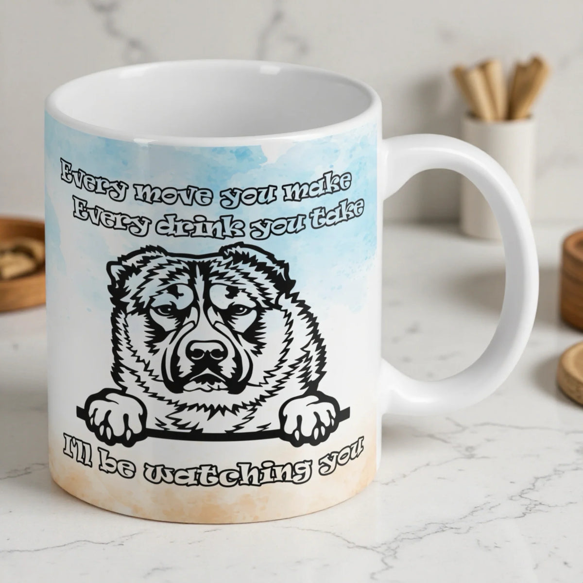 Reverse side of I'll Be Watching You Peeking Alabai Dog mug, showing the playful dog sketch and matching text by Laser Design Creations.