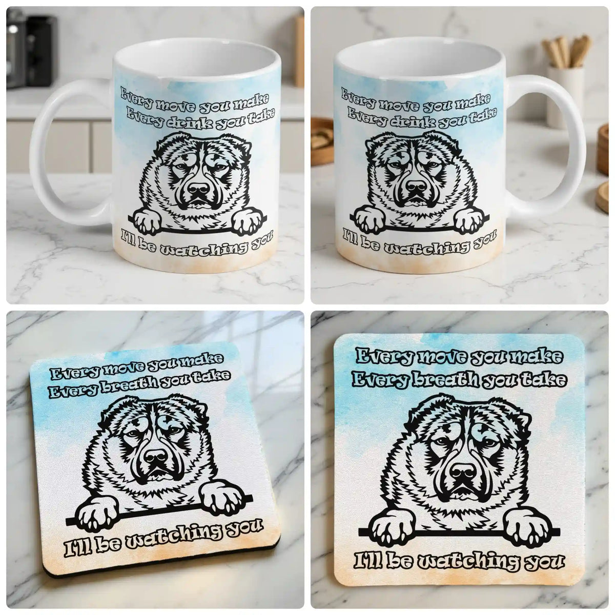 I'll Be Watching You Peeking Alabai Dog mug and coaster combo gift set collage, playful watercolour sketch of a watchful Central Asian Shepherd dog on a plain background, by Laser Design Creations.