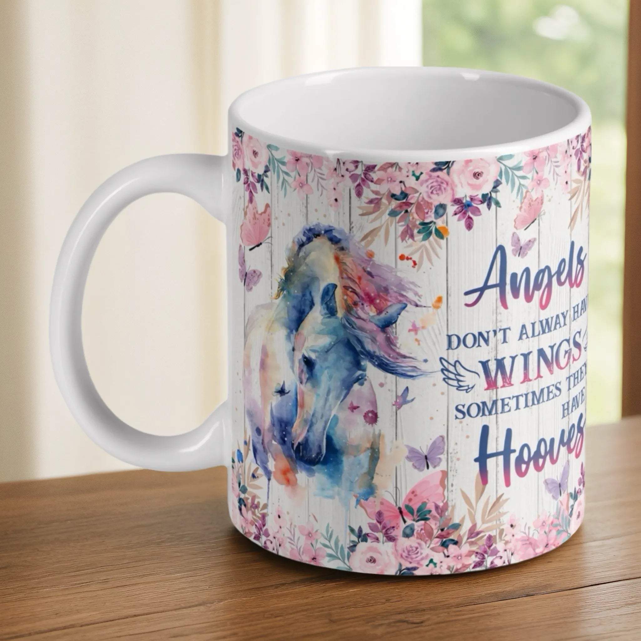 'Angels Have Hooves' watercolour horse ceramic mug by Laser Design Creations, featuring a sentimental quote.