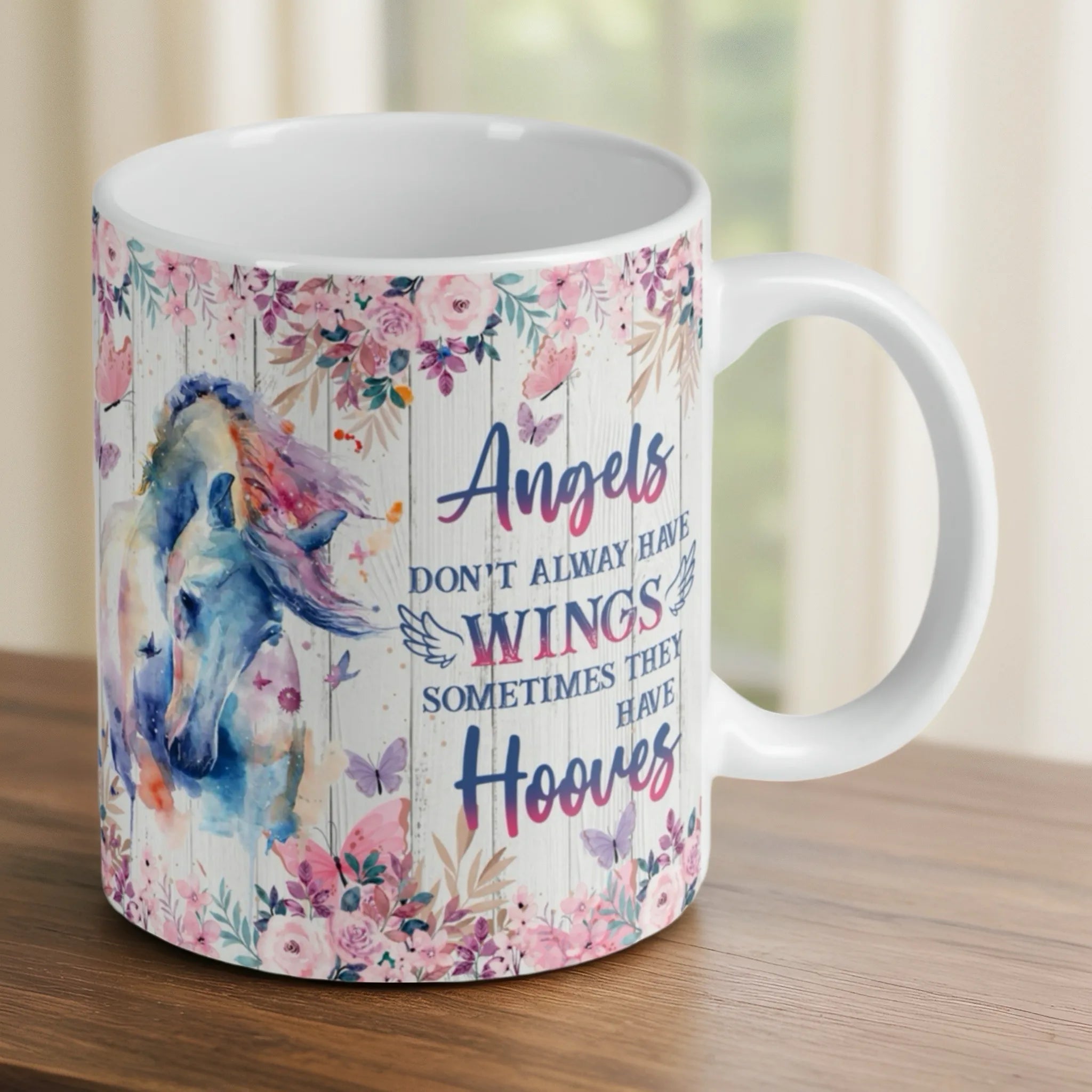 Reverse side of the 'Angels Have Hooves' horse ceramic mug, showcasing the wrap-around artwork by Laser Design Creations.
