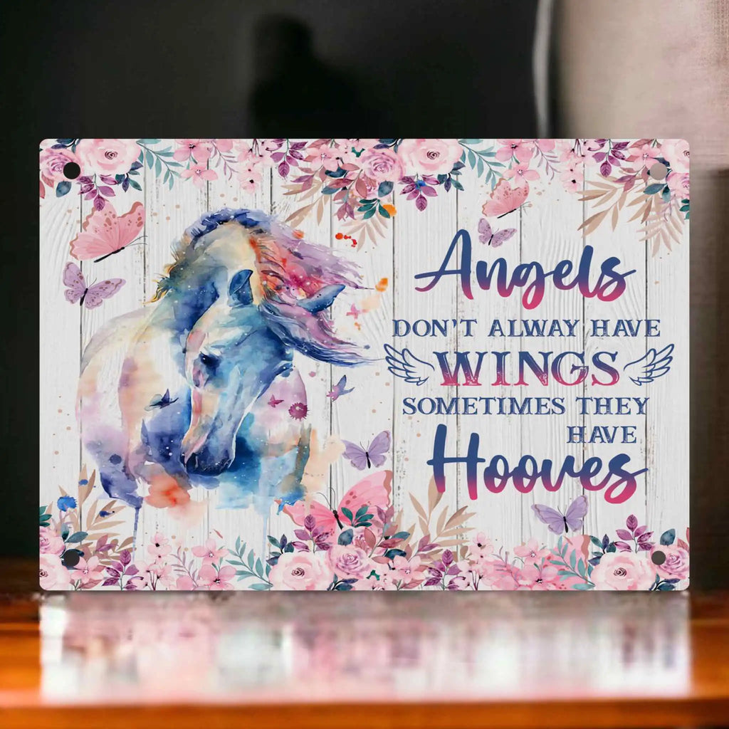 Angels Have Hooves Novelty Sign by Laser Design Creations, featuring a whimsical watercolour horse with floral elements and a sentimental quote.