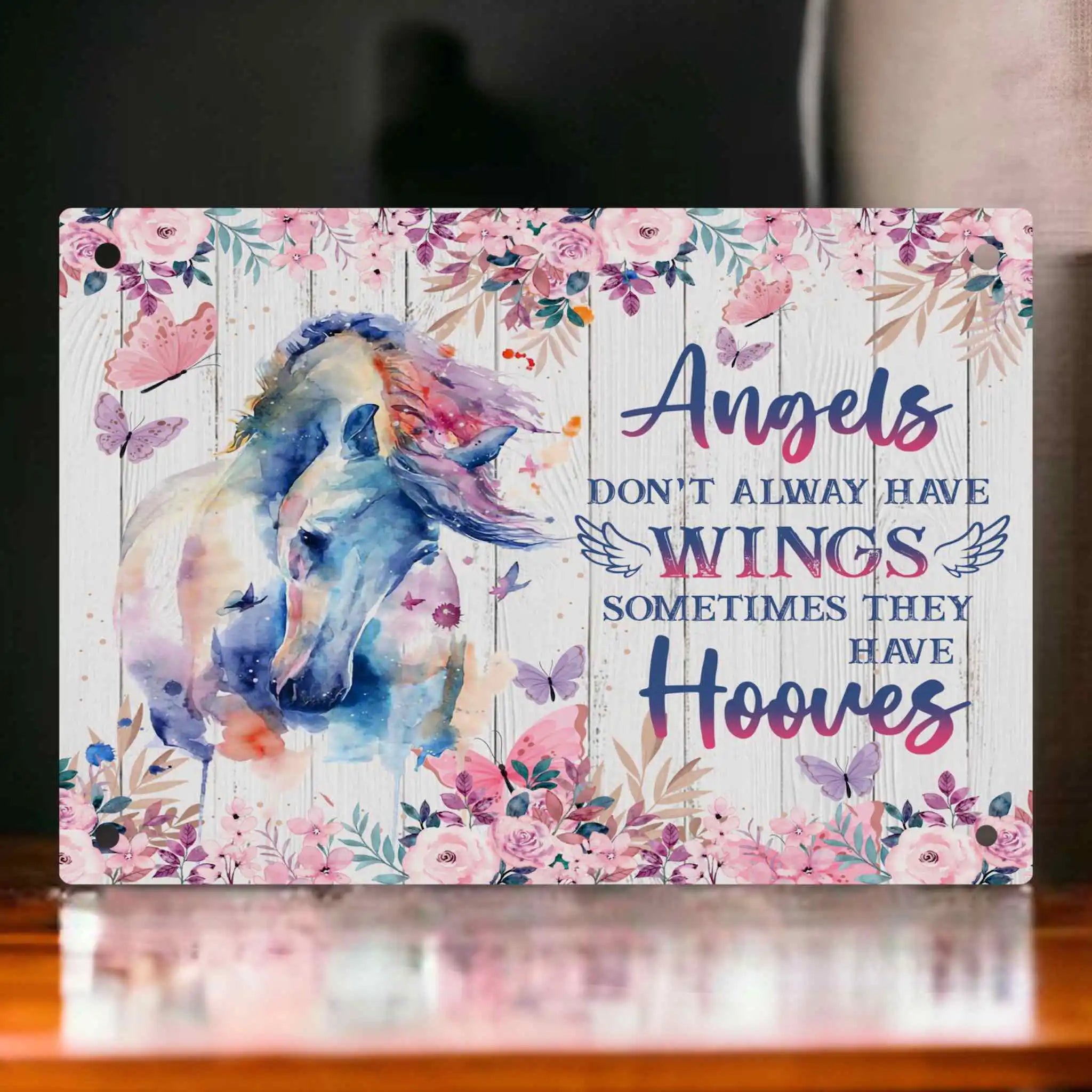 Angels Have Hooves Novelty Sign by Laser Design Creations, featuring a whimsical watercolour horse with floral elements and a sentimental quote.