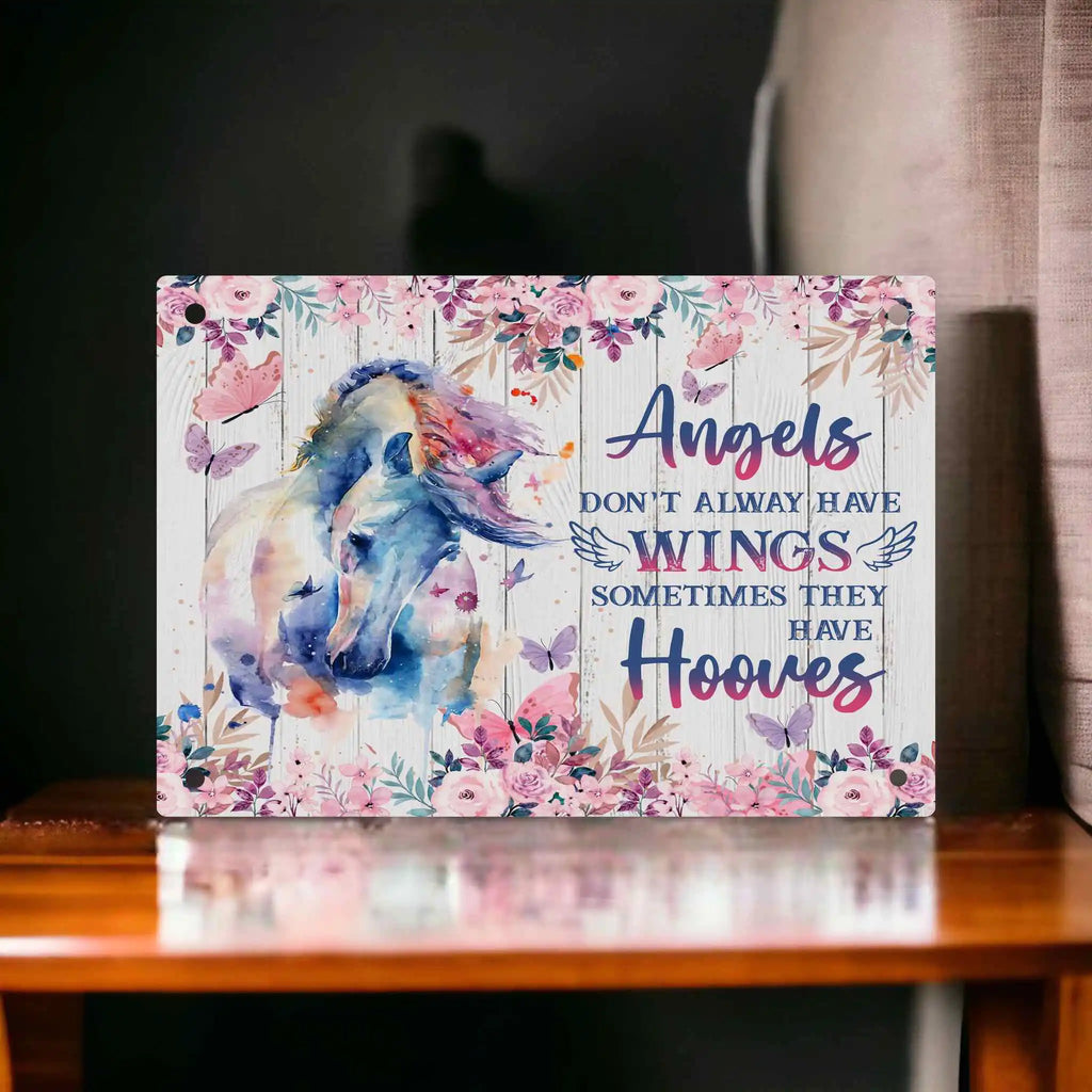 Sentimental Horse Owner Sign by Laser Design Creations, featuring the quote 'Angels don't always have wings sometimes they have hooves' with a beautiful watercolour horse angel.
