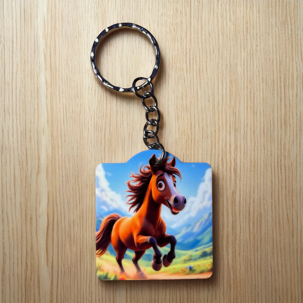 Animated Brown Horse keyring by Laser Design Creations, featuring a playful, whimsical horse galloping across a green meadow scene.