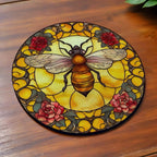 Side view of Stained Glass Honey Bee Roses neoprene coasters, showcasing a vibrant stained glass style honey bee surrounded by colourful vintage roses on a dark textured background by Laser Design Creations.
