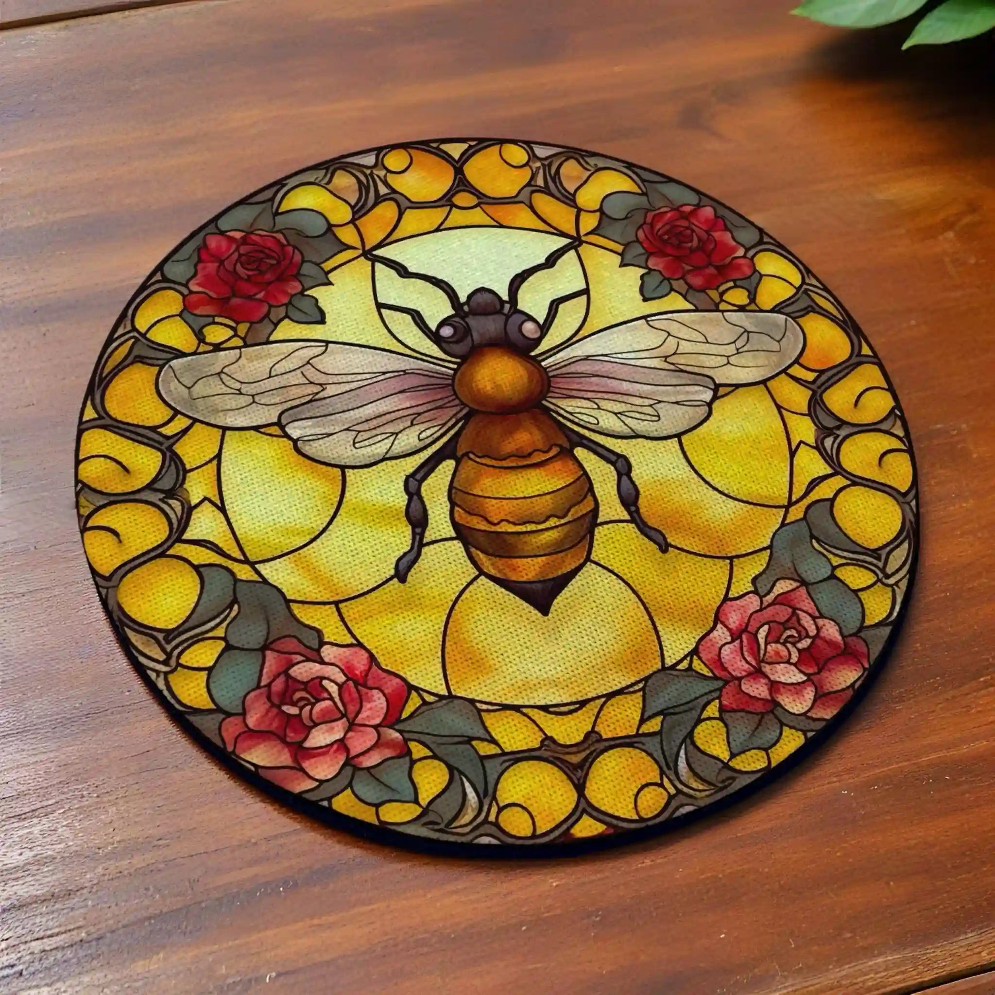 Side view of Stained Glass Honey Bee Roses neoprene coasters, showcasing a vibrant stained glass style honey bee surrounded by colourful vintage roses on a dark textured background by Laser Design Creations.