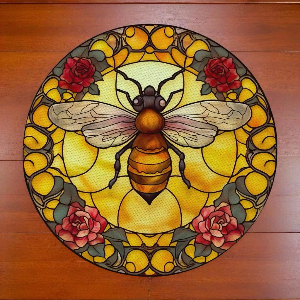 Stained Glass Honey Bee Roses neoprene coasters by Laser Design Creations, featuring an intricate vintage floral scene with a detailed bumblebee amidst blooming pink and red roses.