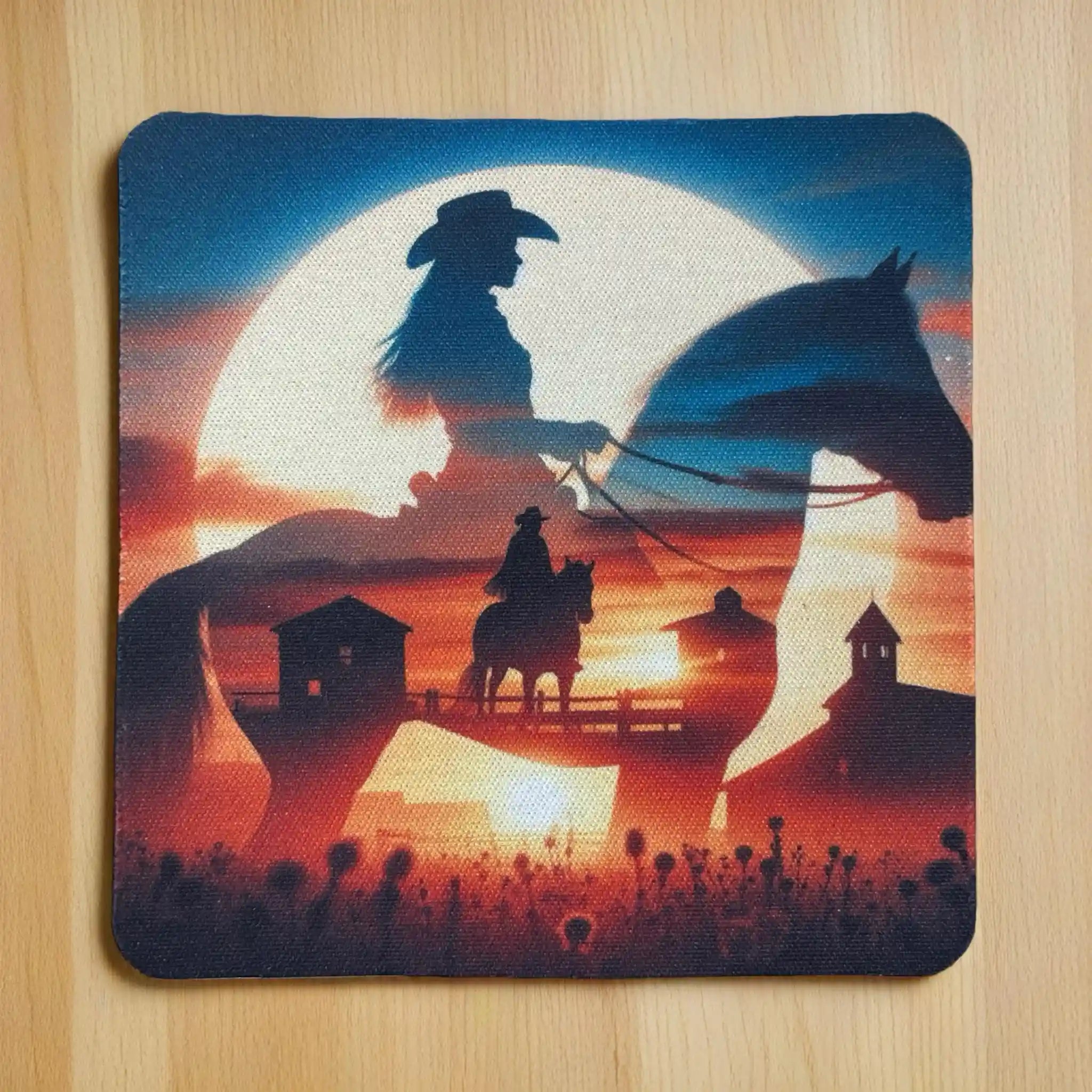 Top view of a set of four Artistic Cowgirl neoprene coasters with a double-exposure silhouette of a horse and rider, by Laser Design Creations.