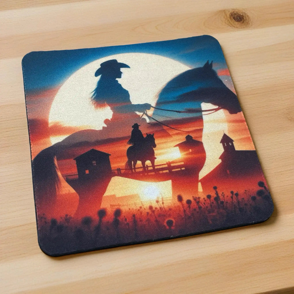 Side view of a set of four Artistic Cowgirl Moonlit Silhouette neoprene coasters with a unique western town scene, by Laser Design Creations.


