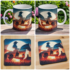 Artistic Cowgirl Moonlit Silhouette mug and coaster combo gift set collage, featuring creative western art, by Laser Design Creations.