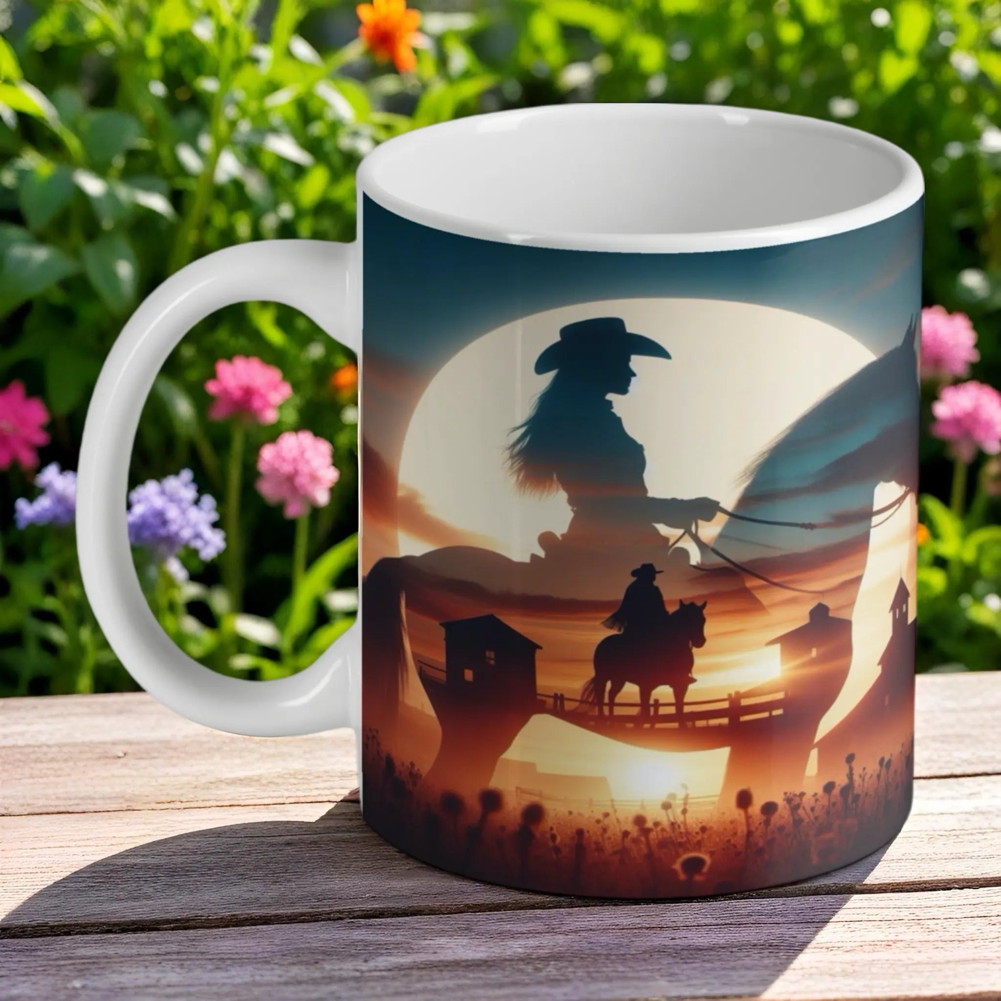 Artistic Cowgirl Moonlit Silhouette ceramic mug by Laser Design Creations, featuring a double-exposure design against a full moon.