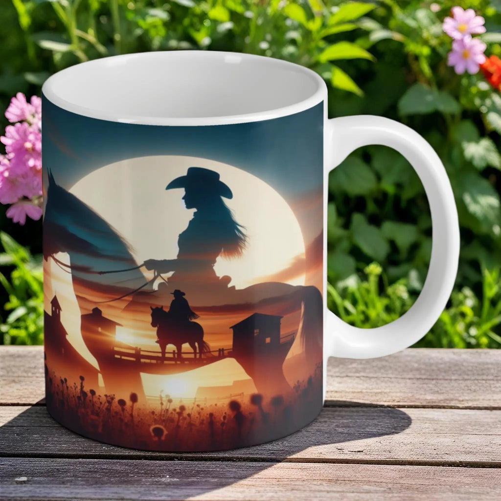 Reverse side of Artistic Cowgirl Silhouette mug, showing the unique "scene within a scene" western artwork by Laser Design Creations.