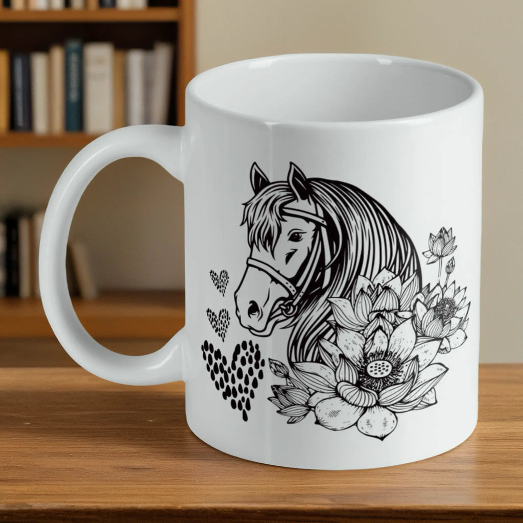 Horse and Quote ceramic mug by Laser Design Creations, featuring an artistic black and white horse with lotus flowers and an inspirational quote.