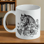 Horse and Quote ceramic mug by Laser Design Creations, featuring an artistic black and white horse with lotus flowers and an inspirational quote.