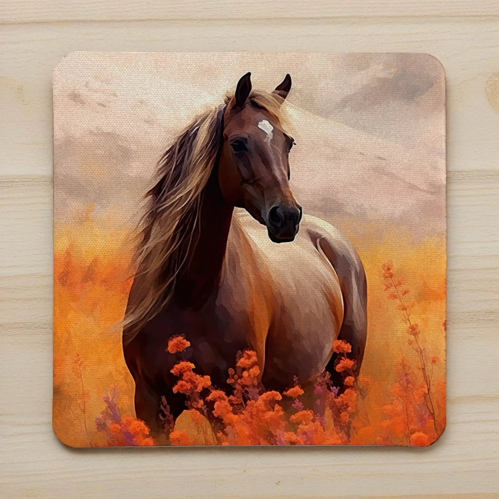 Top view of a set of four Horse Painting neoprene coasters with a serene wildflower field scene, by Laser Design Creations.