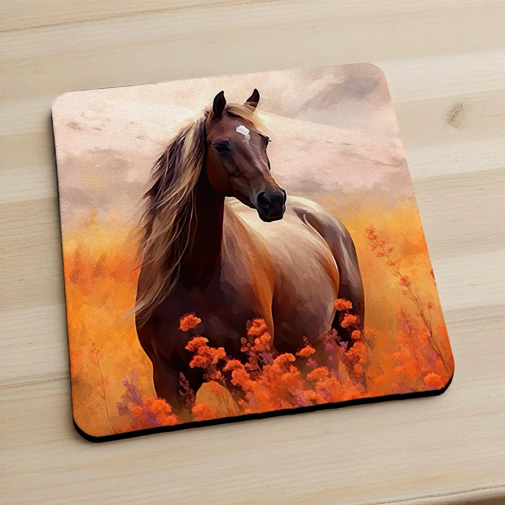 Side view of a set of four Artistic Horse neoprene coasters with a soft, painterly background, by Laser Design Creations.