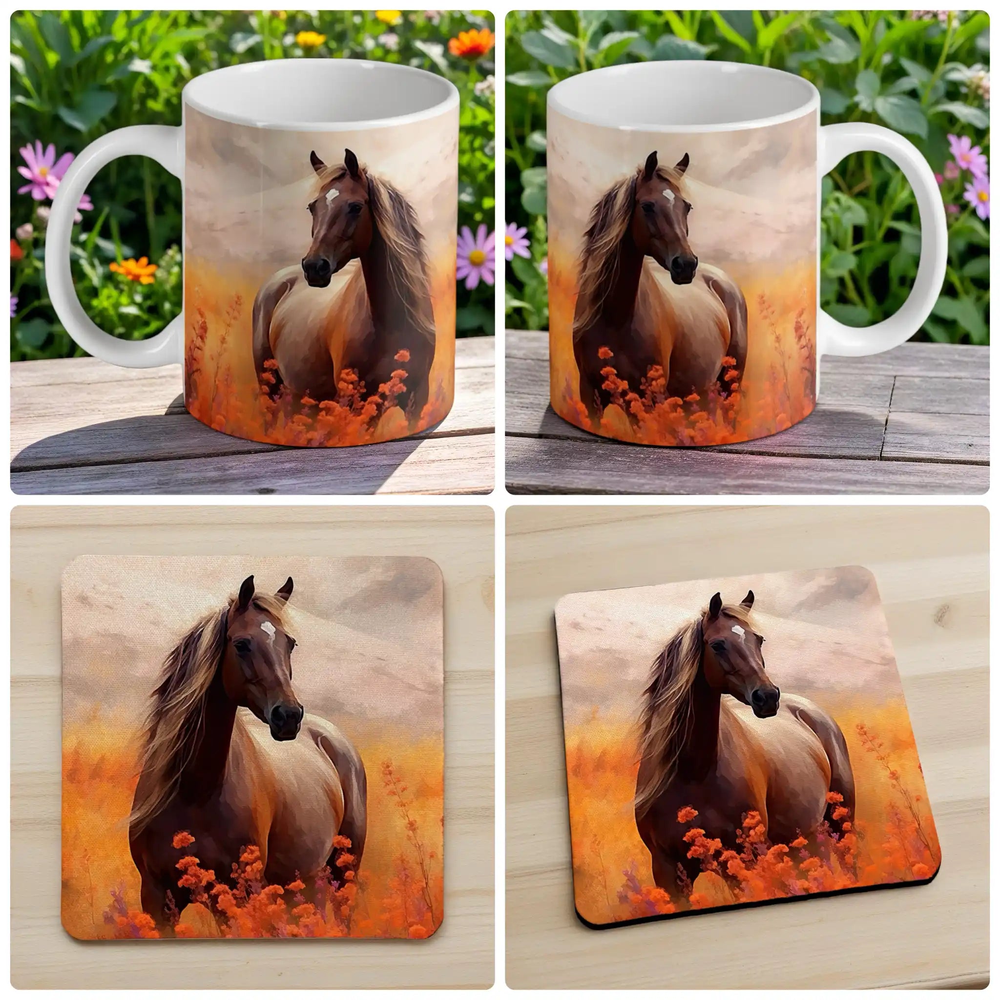 Artistic Horse Painting mug and coaster combo gift set collage, featuring elegant equine art, by Laser Design Creations.