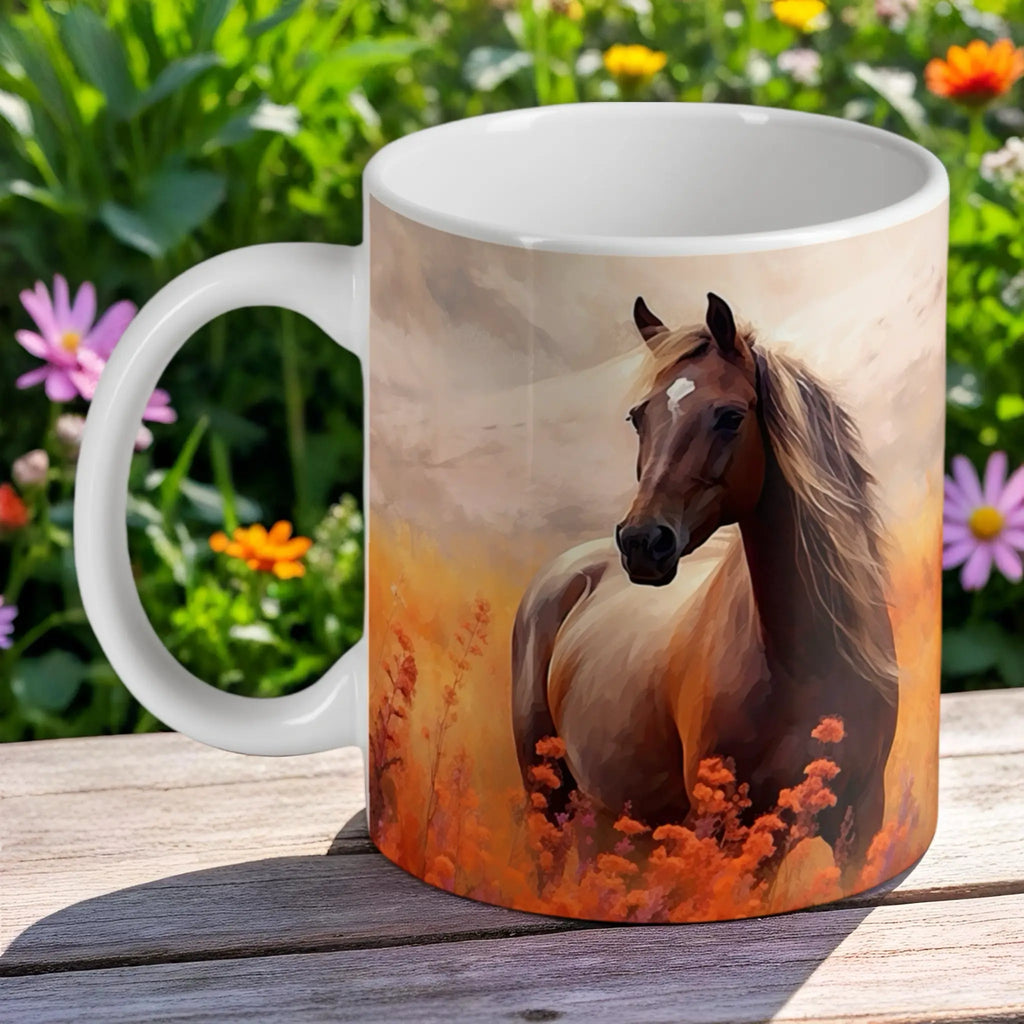Artistic Horse Painting ceramic mug by Laser Design Creations, featuring a majestic brown horse in a field of orange wildflowers.