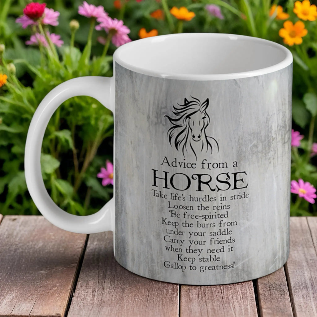 Watercolour horse mug, showcasing the 'Advice from a Horse' inspirational quote by Laser Design Creations.