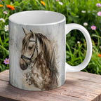 Reverse side of watercolour horse portrait ceramic mug by Laser Design Creations, featuring an artistic painting of a horse.
