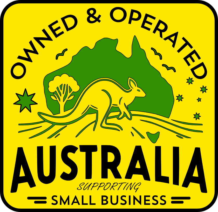 Australia owned and operated small business badge – yellow and green logo with kangaroo, map of Australia, and stars.