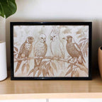 Laser engraved wood art featuring a lorikeet, galah, cockatoo, and magpie on a branch, Australian decor by Laser Design Creations.