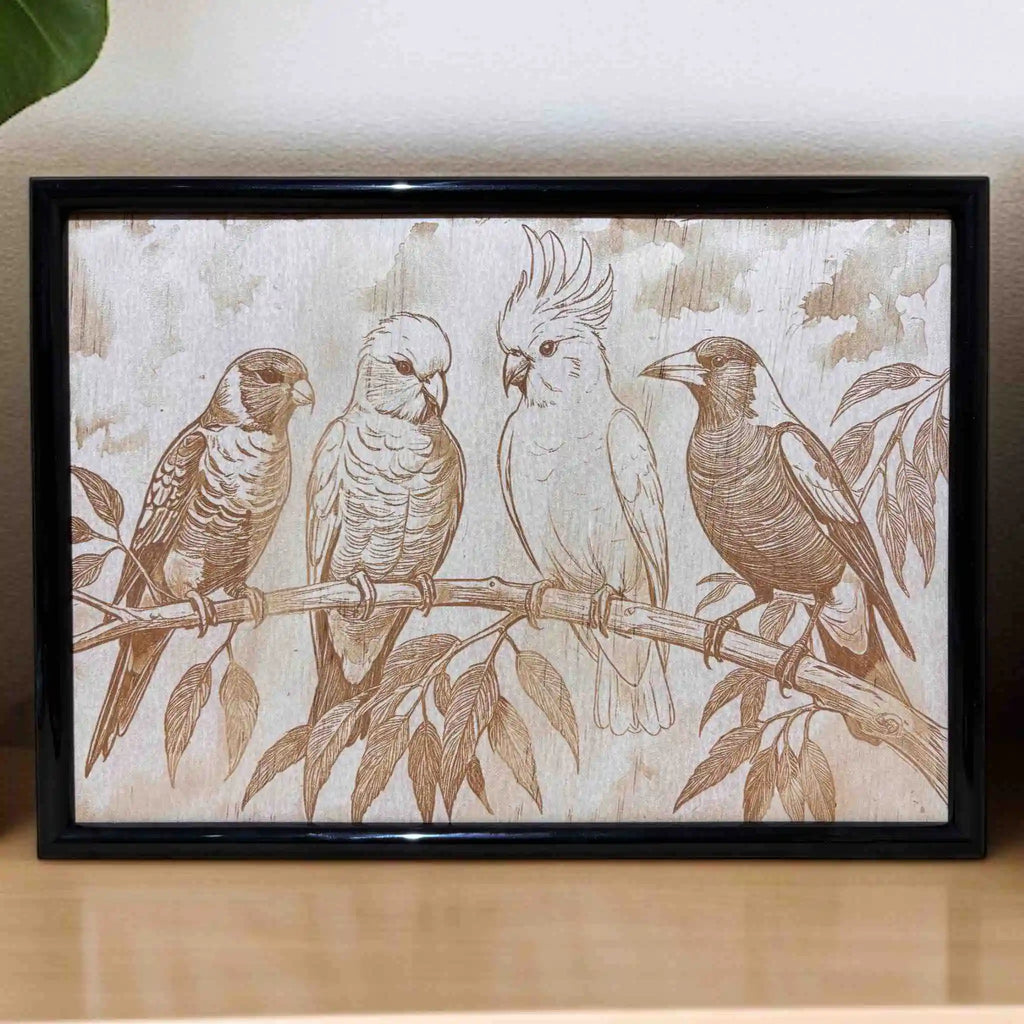 Detailed close-up of the Australian birds wood engraving in a home setting, handmade by Laser Design Creations.