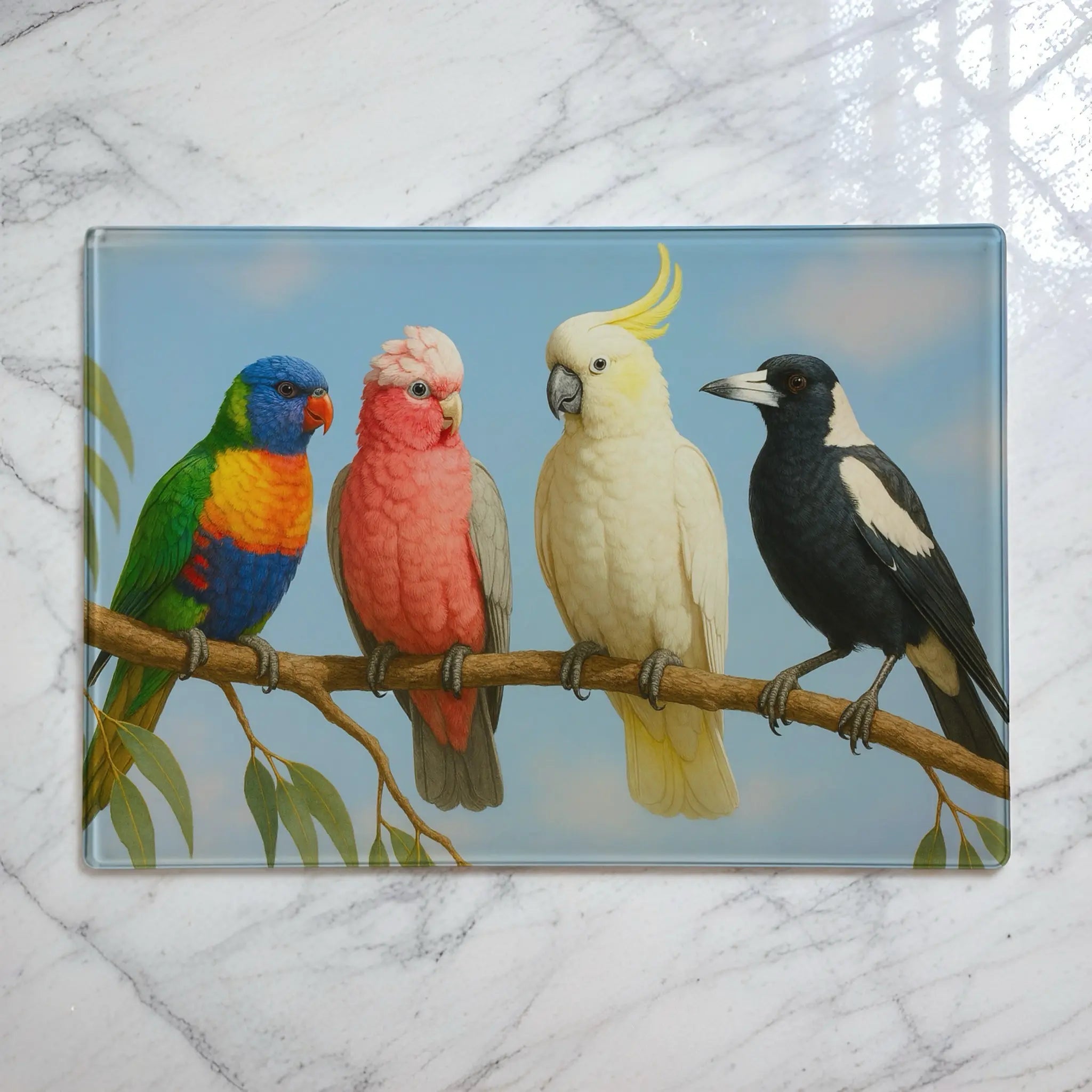 Charming and vibrant illustration of Australian native birds including a Rainbow Lorikeet, Pink Galah, White Cockatoo, and Magpie on a gum branch glass chopping board from Laser Design Creations