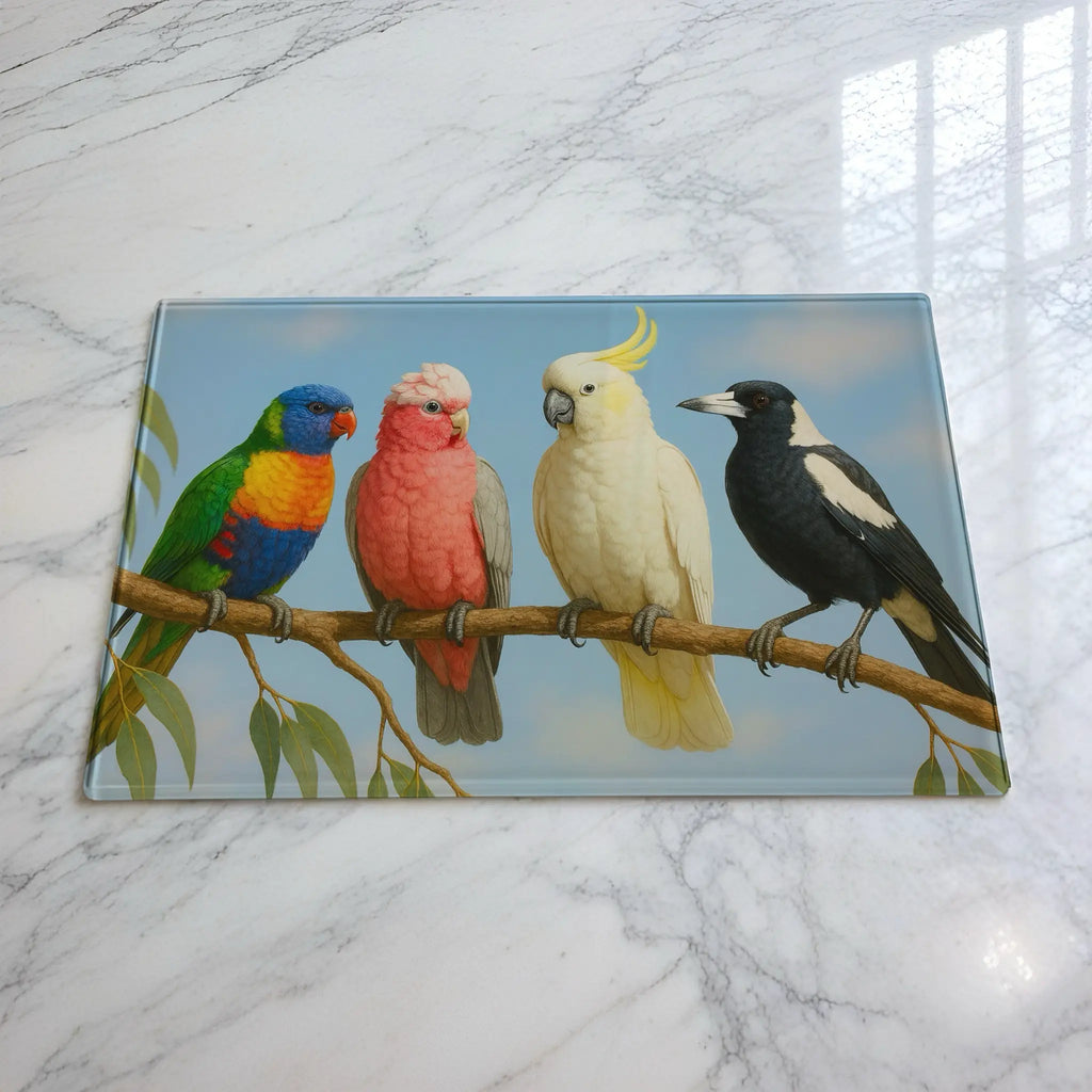 Aussie birds on a gum branch glass chopping board by Laser Design Creations, featuring a colourful Rainbow Lorikeet, pink Galah, white Cockatoo, and Australian Magpie perched on a leafy eucalyptus branch.