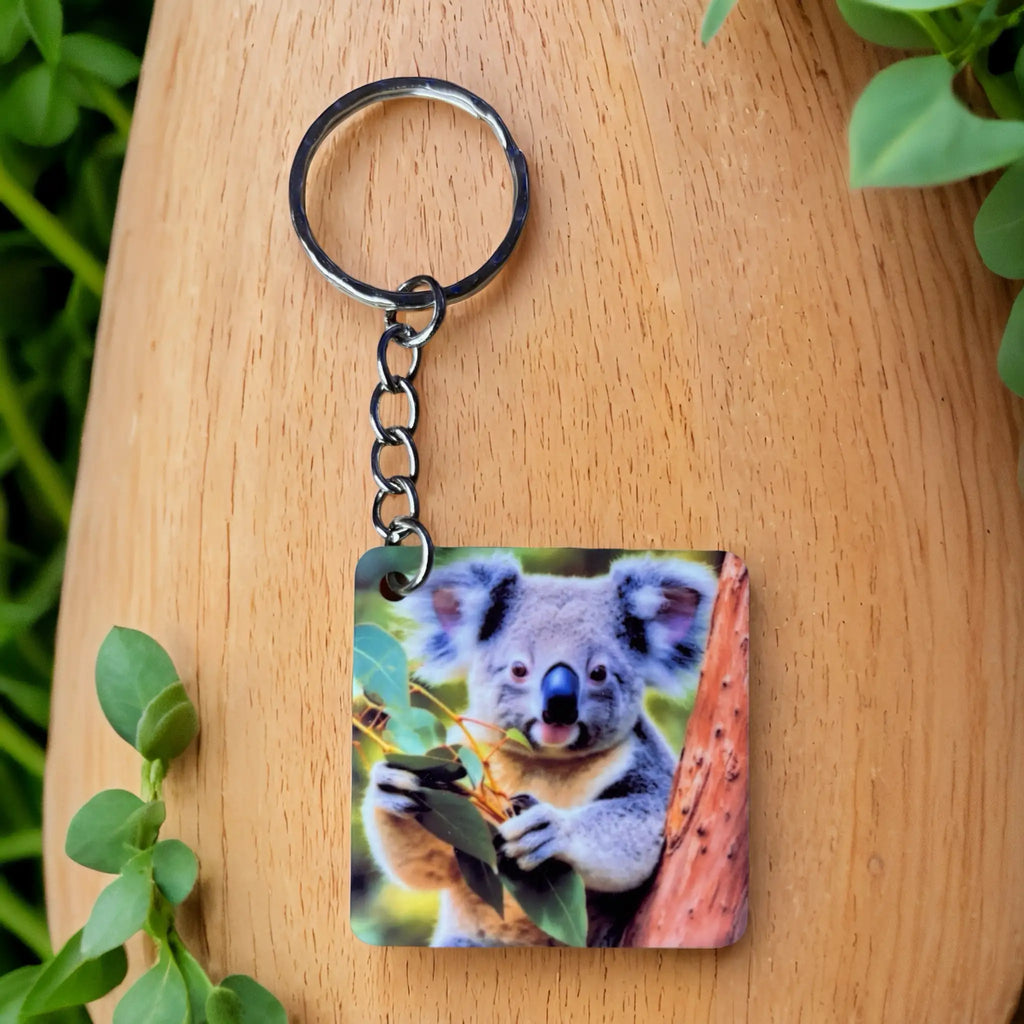 Sweet Eucalyptus Koala keyring by Laser Design Creations, featuring a fluffy koala resting realistically in a eucalyptus tree.