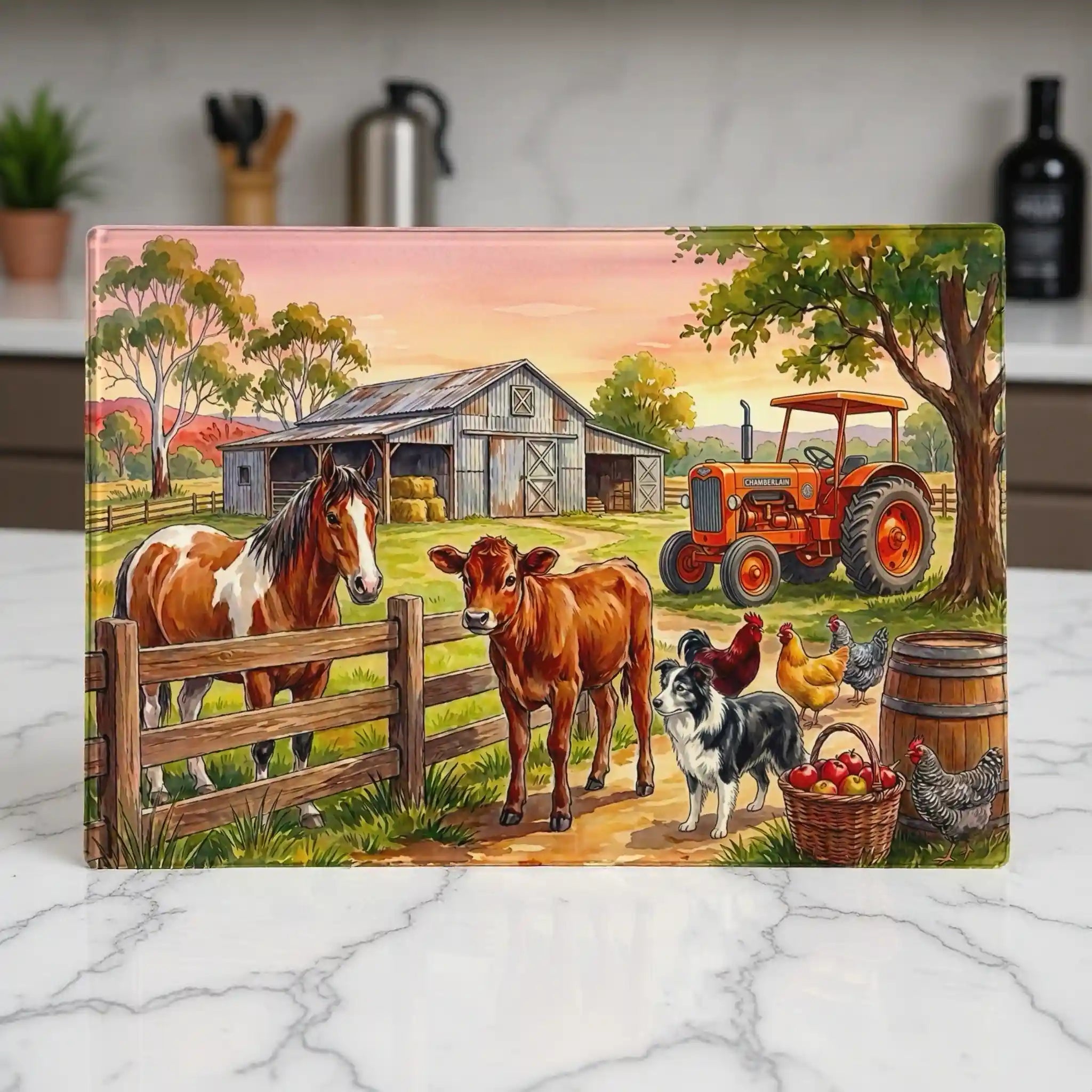 Vintage tractor and Australian farm animals illustration glass chopping board from Laser Design Creations