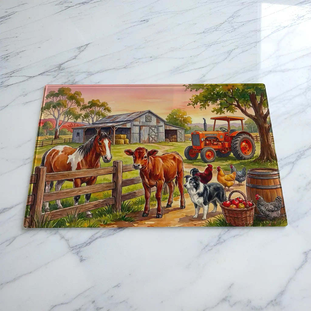 Aussie farm scene glass chopping board by Laser Design Creations, featuring a vintage tractor, friendly farm animals, and a warm country background.