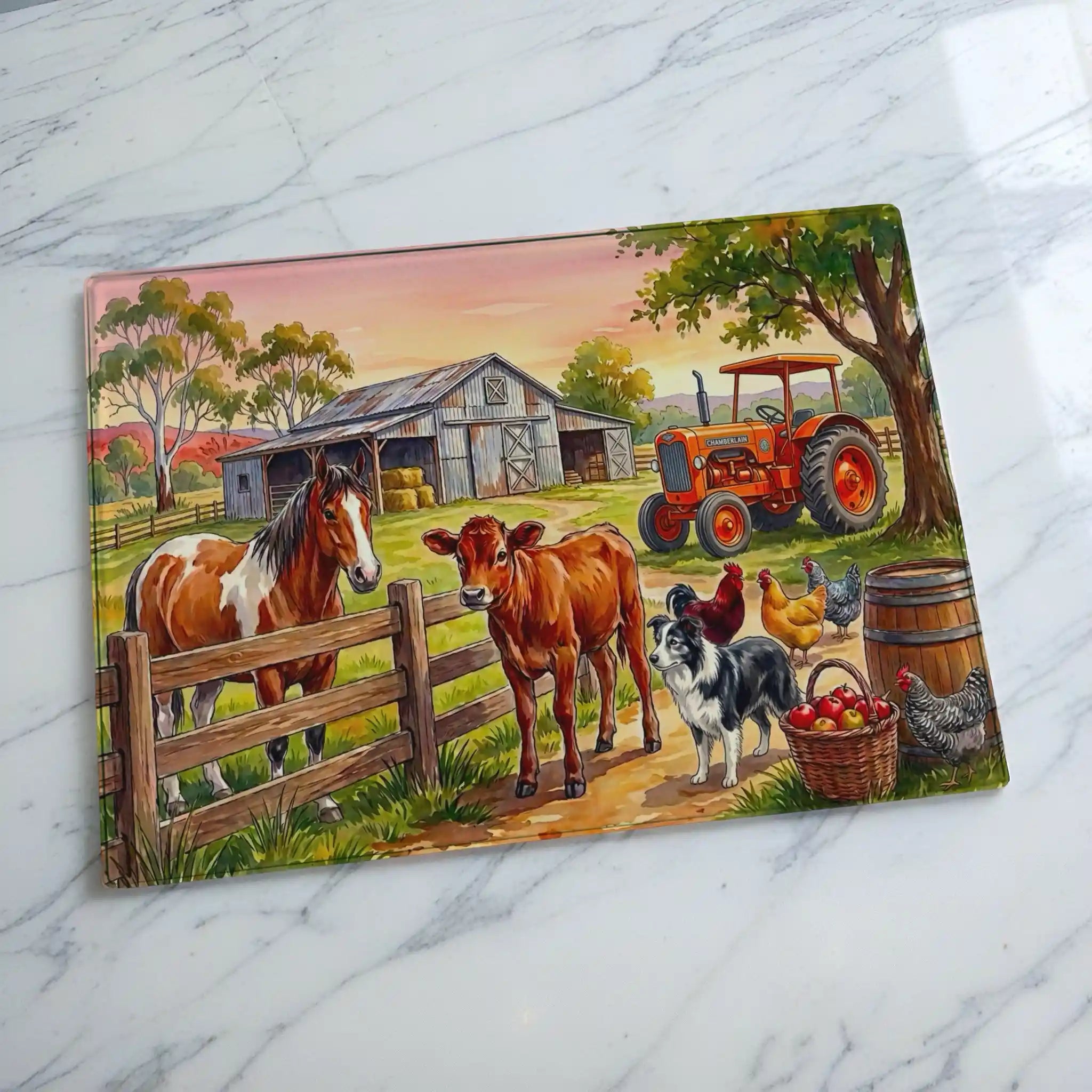Scenic country illustration glass chopping board from Laser Design Creations featuring a vintage tractor surrounded by Aussie farm animals in a warm, rural landscape.