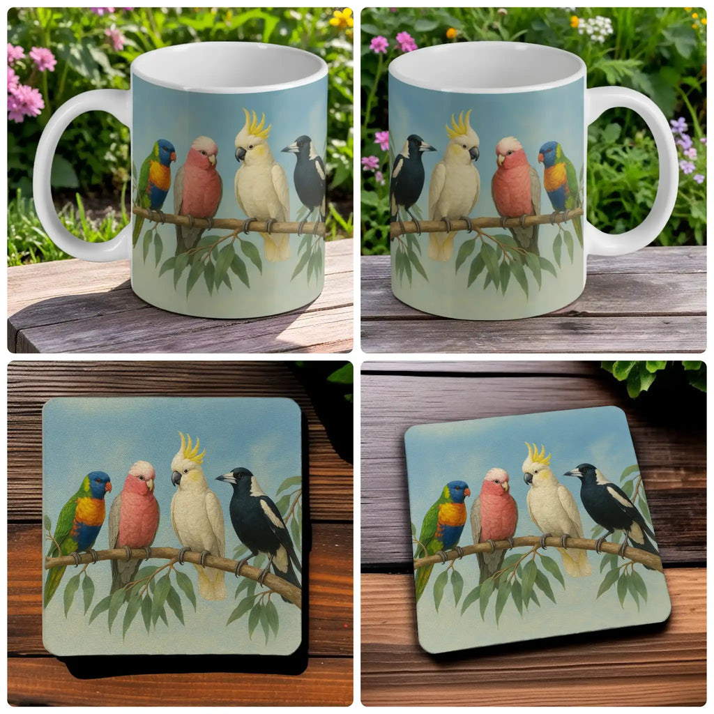 Aussie Birds Branch Scene Mug & Coasters – Australian Wildlife Gift