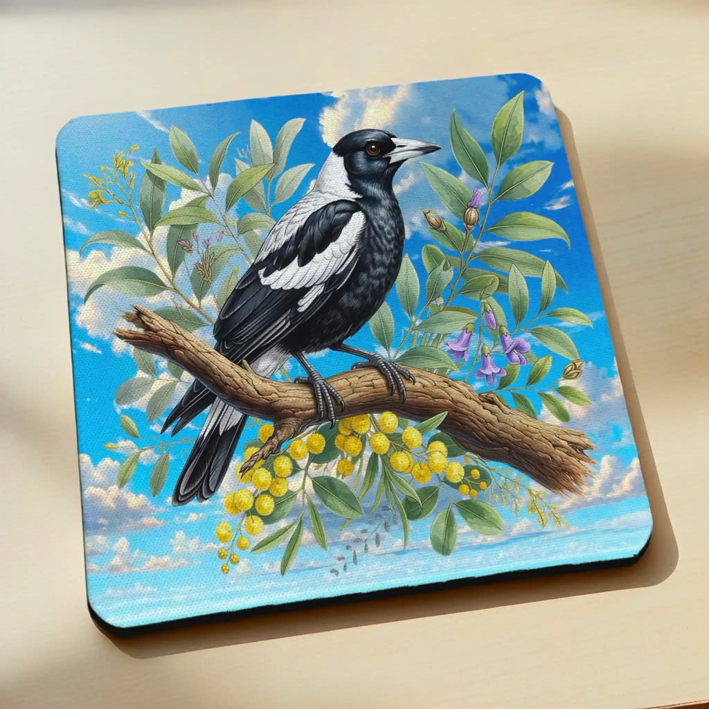 Side view of watercolour Australian Magpie neoprene coaster with native songbird perched beside golden wattle blossoms, by Laser Design Creations.