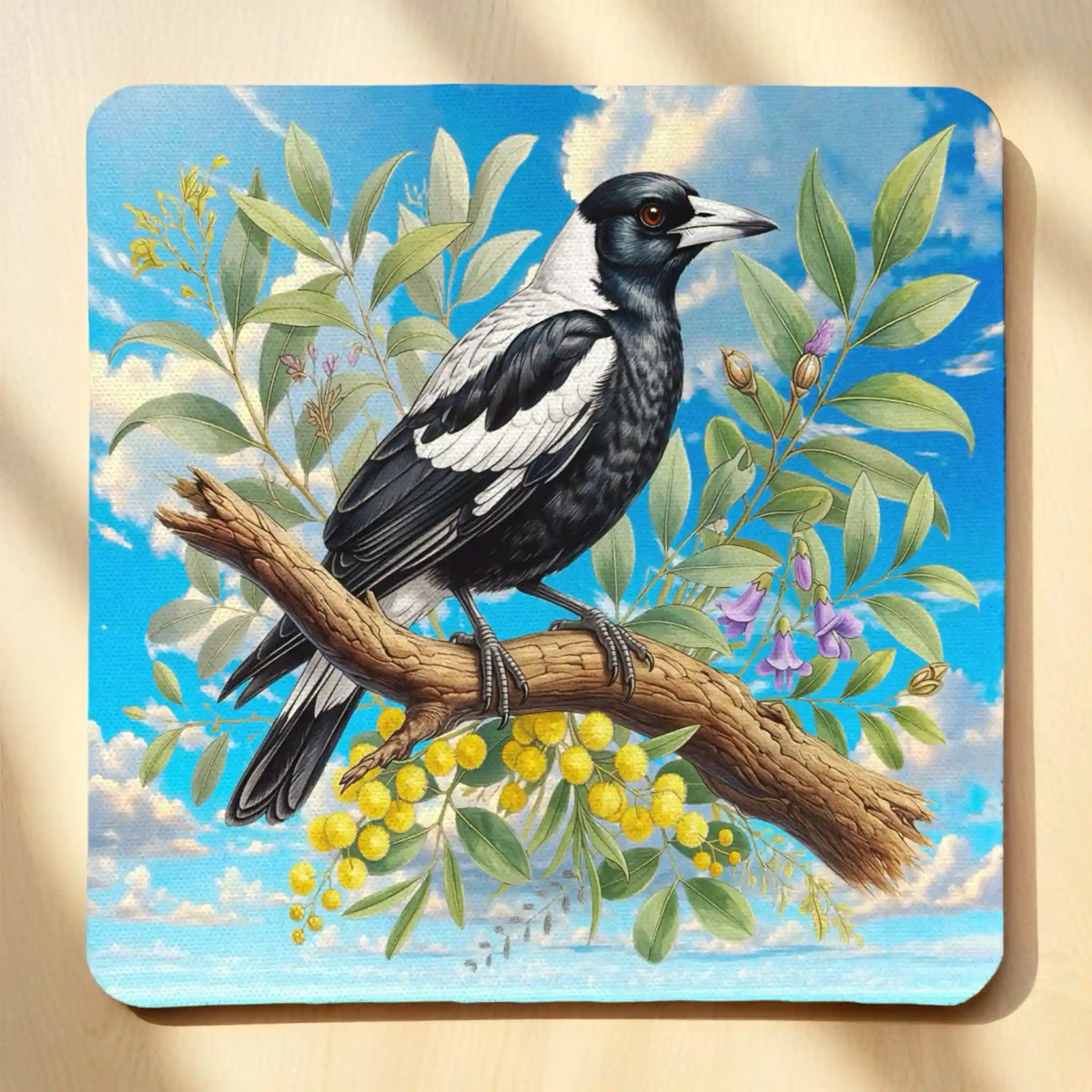 Top view of watercolour Australian Magpie neoprene coaster with botanical bird illustration and vibrant yellow wattle flowers, by Laser Design Creations.