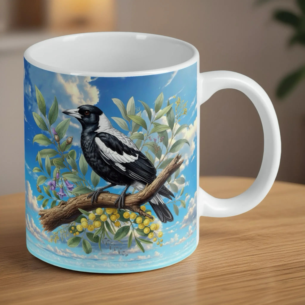 Reverse side of watercolour Australian Magpie mug, showcasing detailed native bird artwork on a branch with wattle foliage by Laser Design Creations.