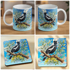 Watercolour Australian Magpie mug and coaster combo gift set collage, native bird perched on a branch with golden wattle blossoms, by Laser Design Creations.
