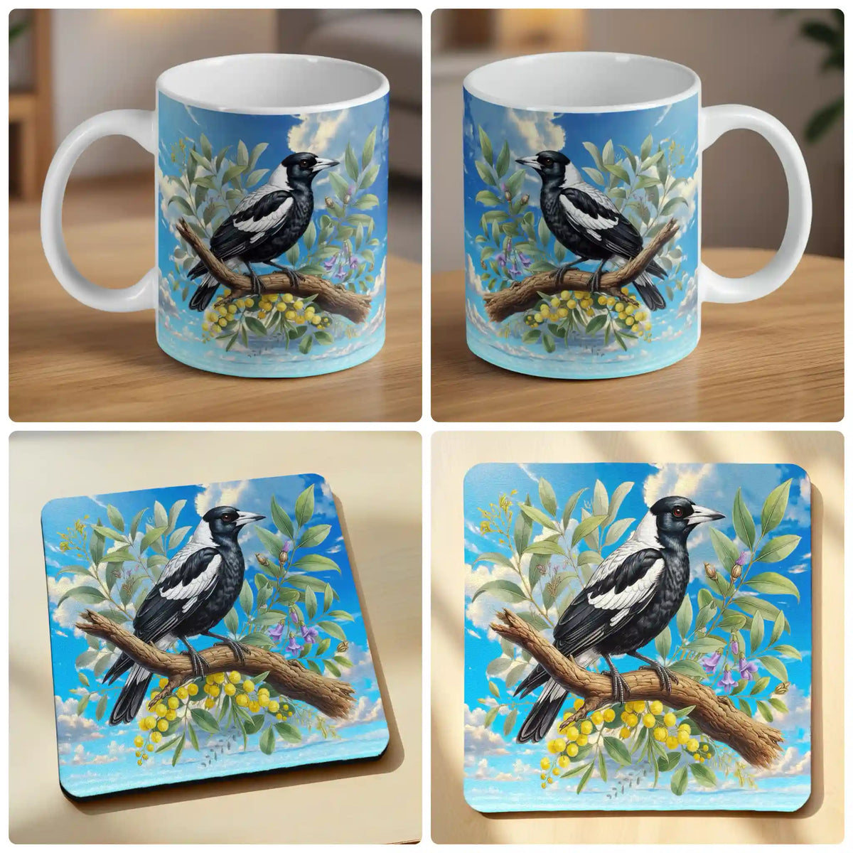 Watercolour Australian Magpie mug and coaster combo gift set collage, native bird perched on a branch with golden wattle blossoms, by Laser Design Creations.