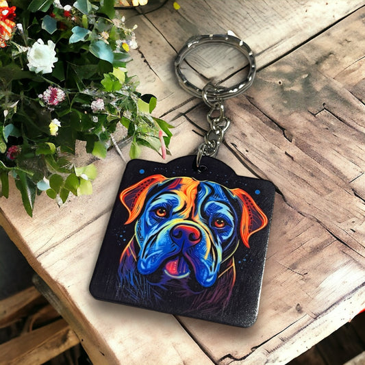 Vibrant Neon Style Boxer Dog Design - Keyring / Bag Tag - Laser Design Creations