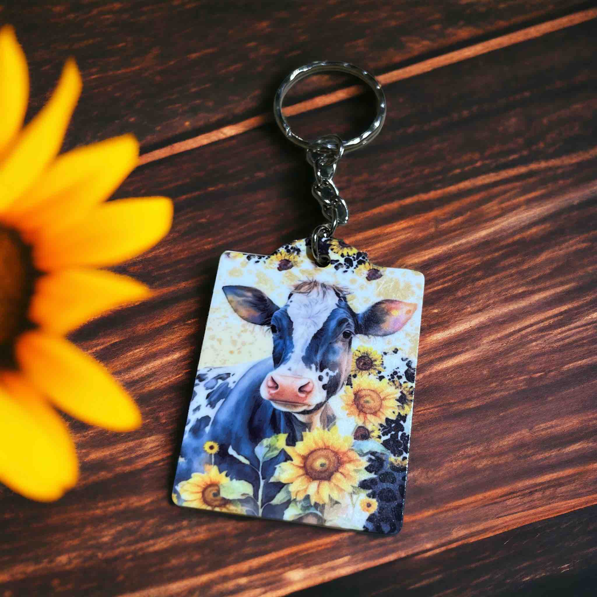 Udderly Adorable Cow & Sunflower Keychain - Keyring / Bag Tag - Laser Design Creations