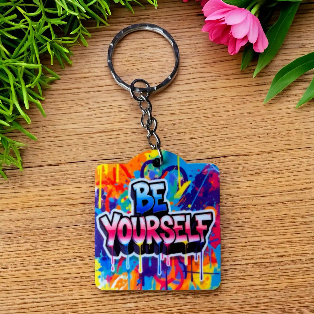 Bold Graffiti Splatter Be Yourself Quote acrylic keyring by Laser Design Creations, featuring the motivational BE YOURSELF text and a vibrant street art background.