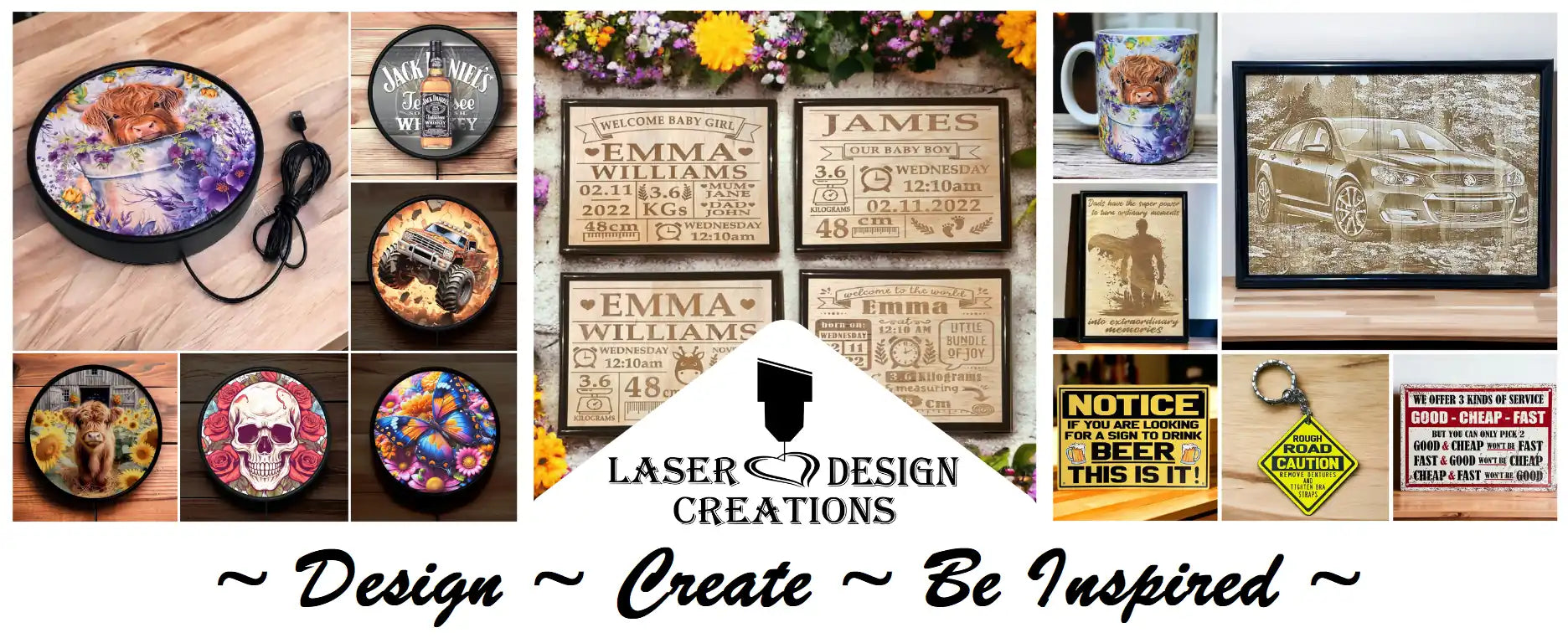 Laser Design Creations website banner showcasing custom mugs, wood art, and acrylic keyrings on a light wood background.