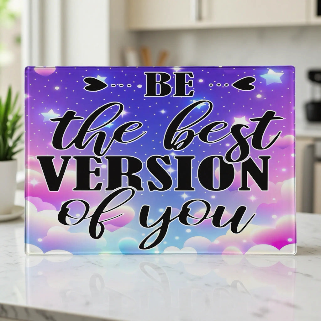 Vibrant pastel motivational cloud quote BE the best VERSION of you glass chopping board from Laser Design Creations