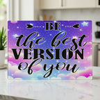 Vibrant pastel motivational cloud quote BE the best VERSION of you glass chopping board from Laser Design Creations