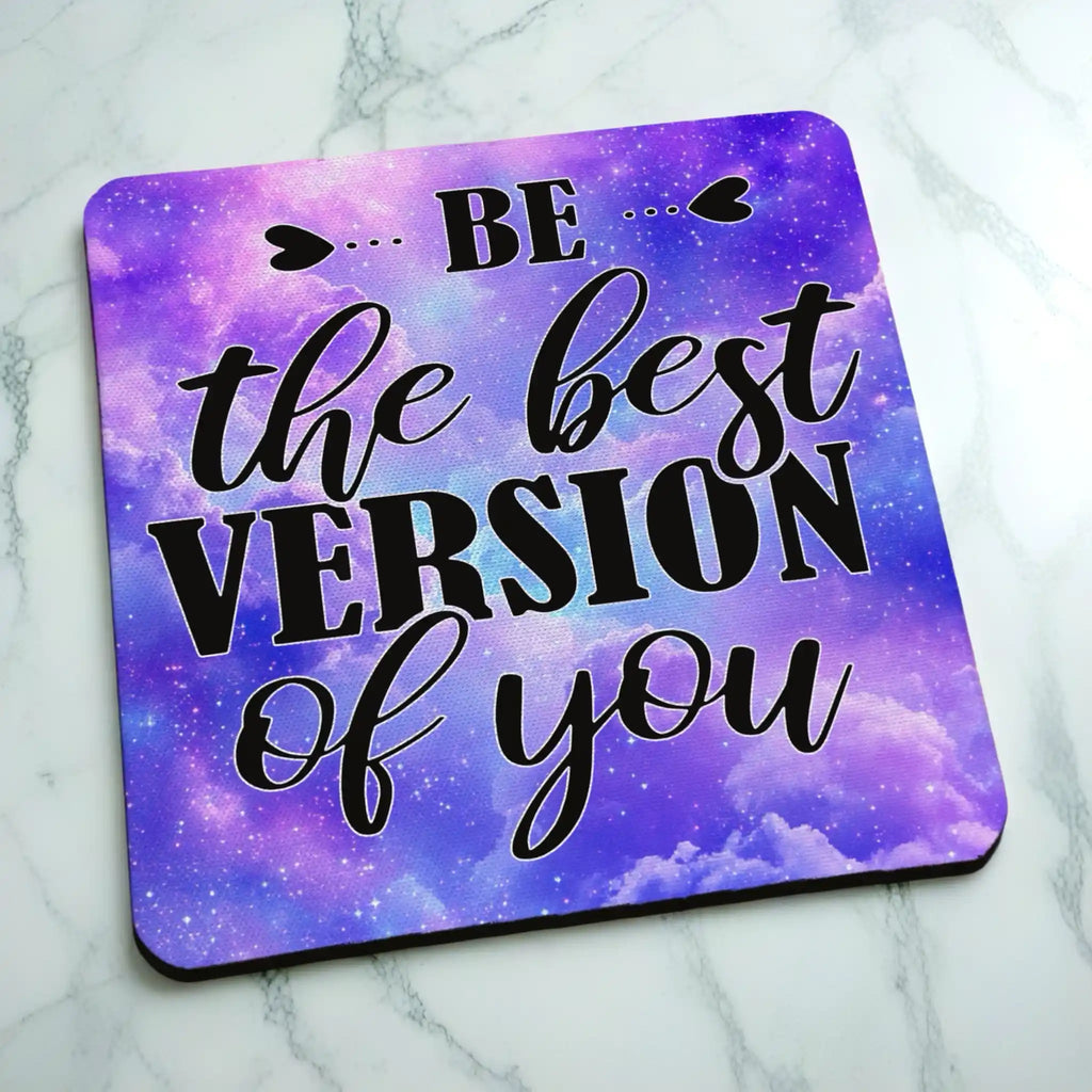 Side view of Be The Best Version Of You Purple Galaxy Art neoprene coaster with the edge detail of the cosmic purple stardust pattern, by Laser Design Creations.