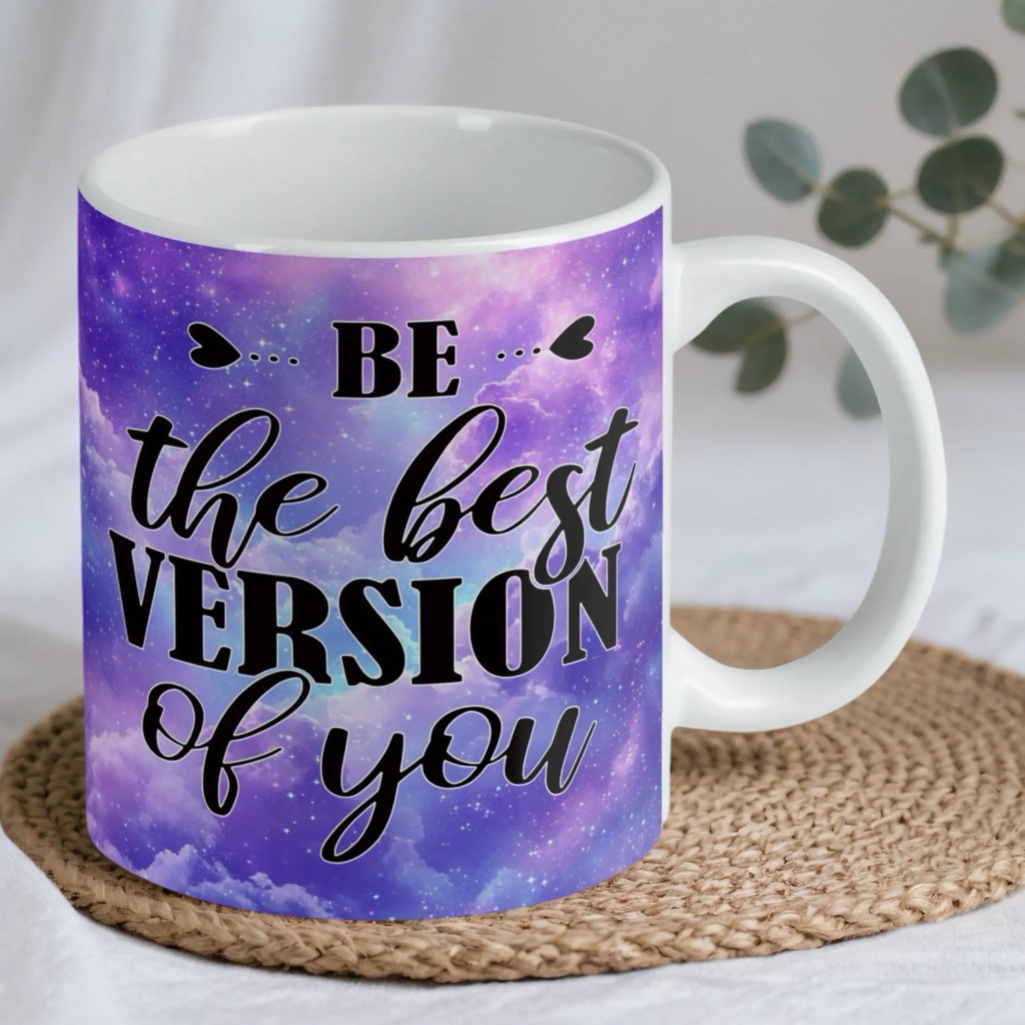 Reverse side of Be The Best Version Of You Purple Galaxy Art mug, showcasing a continuation of the cosmic space scene with glowing stars and purple nebula clouds by Laser Design Creations.