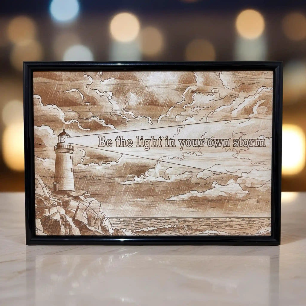 Nautical lighthouse illustration with the inspirational quote Be the light in your own storm Wood Design by Laser Design Creations